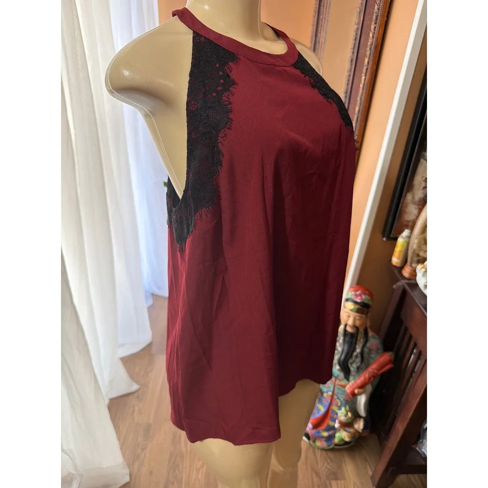 1.STATE Womens Halter Neck Blouse Burgundy Red Black Eyelash Lace Mesh Top Large - Picture 2 of 6